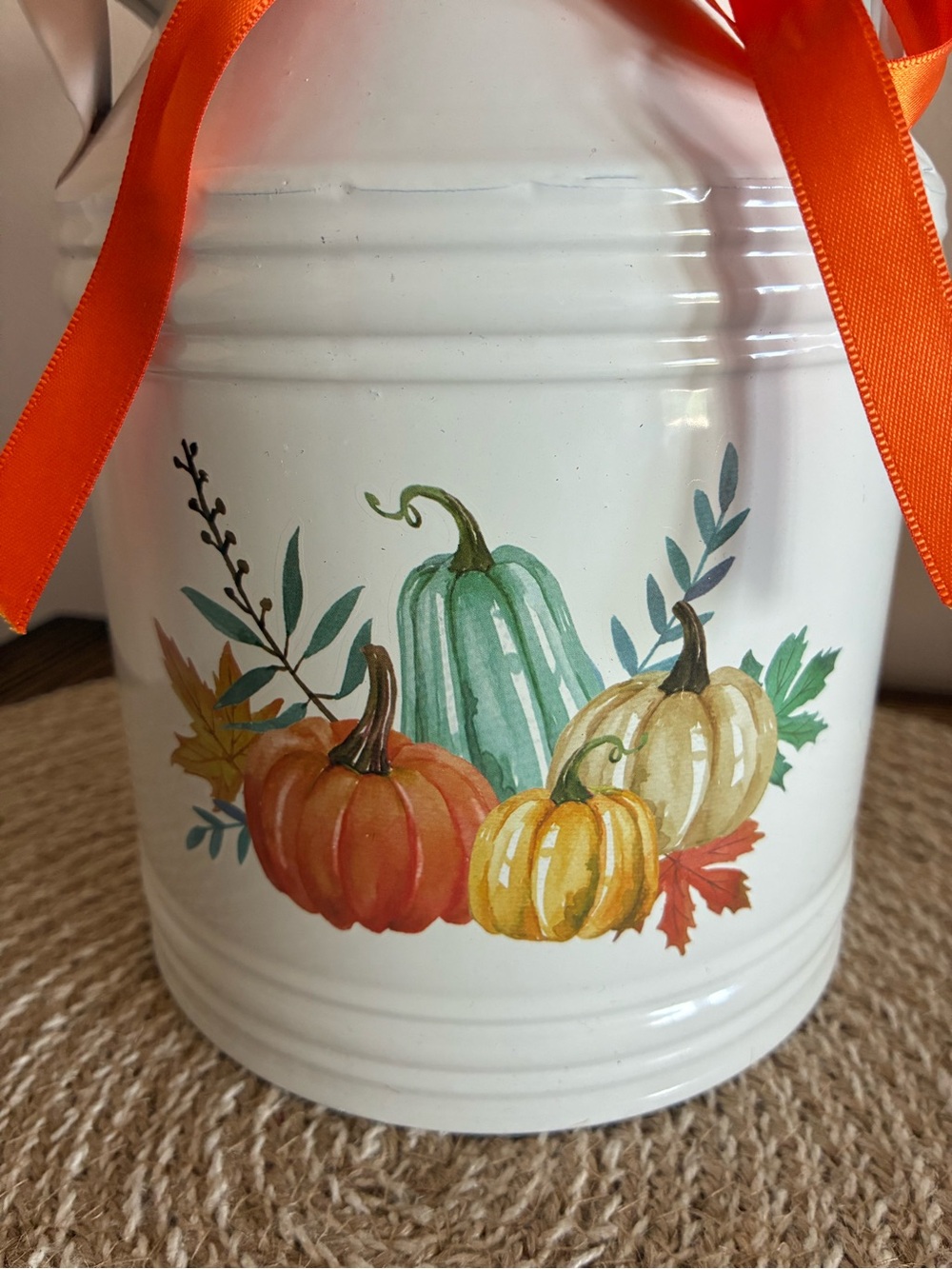 Milk Can/Vase White Enamel with Autumn Pumpkin Design and Orange Ribbon EUC! - Picture 6 of 7